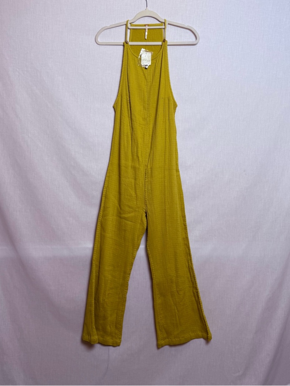 Free People Jumpsuit L Citronelle Yellow Wide Leg Gauze Button Strap NWT